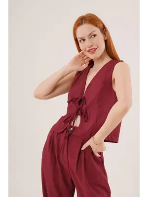 Şık Bordo Ön Bağlama Detaylı Yelek ve Pantolon İkili Takım