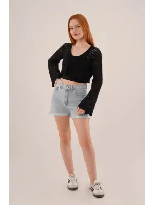 Şık Siyah Ön Bağlamalı Ajurlu Crop Hırka