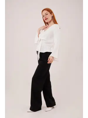 Ön Bağlamalı Volan Kol Beyaz Bluz