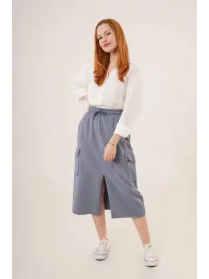 Ön Yırtmaçlı Cep Detaylı İndigo Etek