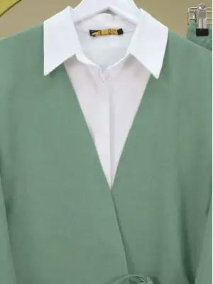 Önden Bağlamalı Pantolonlu Kimono Takım-Mint
