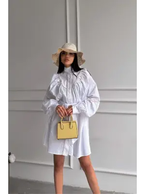 ÖNDEN DÜĞMELİ POPLİN KLOŞ ELBİSE BAĞLAMA KEMER DETAYLI - Beyaz