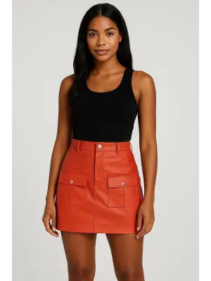 Önden iki cepli deri etek turuncu h240040