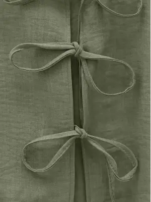 Önü Bağcıklı Beli Lastikli Etekli Keten Takım    -Haki