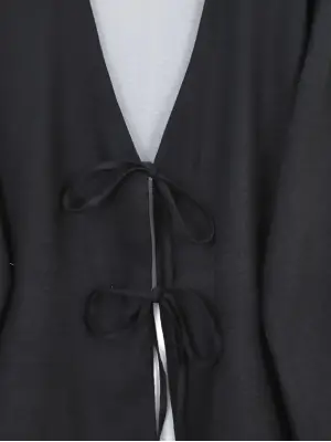 Önü Bağcıklı Beli Lastikli Etekli Keten Takım -Siyah