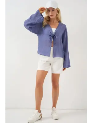 Önü Bağcıklı Bluz 952 - İndigo