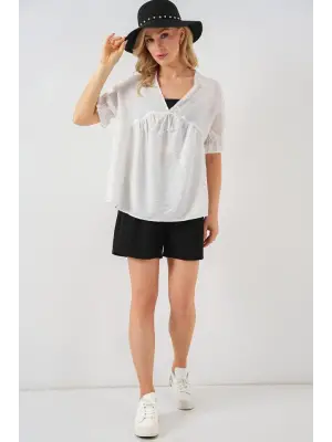 Önü Bağcıklı Kısa Kol Bluz 962 - Beyaz