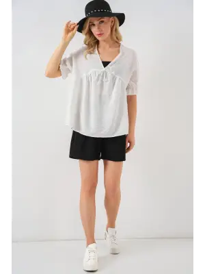 Önü Bağcıklı Kısa Kol Bluz 962 - Beyaz