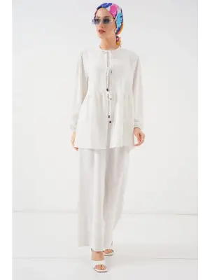 Önü Bağcıklı Tunik Pantolon İkili Takım 6744 - Beyaz