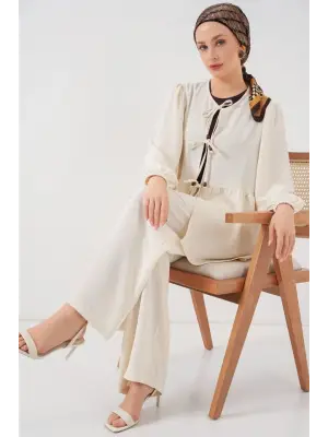 Önü Bağcıklı Tunik Pantolon İkili Takım 6744 - Ekru