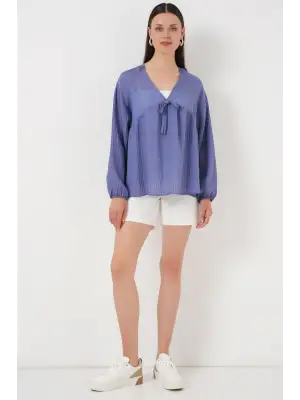 Önü Bağcıklı Uzun Kol Bluz 946 - İndigo