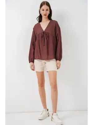 Önü Bağcıklı Uzun Kol Bluz 946 - Kahverengi