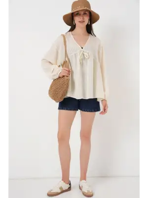 Önü Bağcıklı Uzun Kol Bluz 946 - Krem