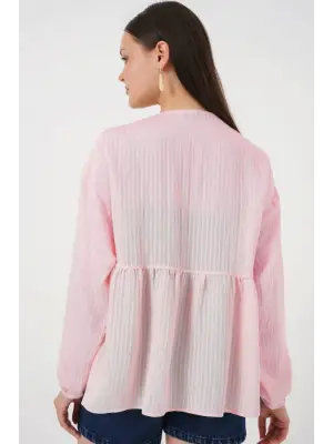 Önü Bağcıklı Uzun Kol Bluz 946 - Pembe
