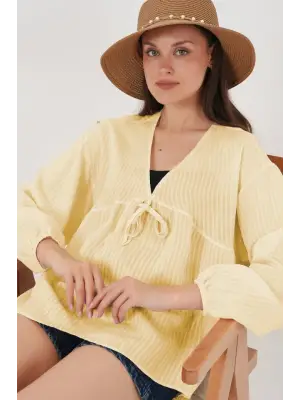 Önü Bağcıklı Uzun Kol Bluz 946 - Sarı