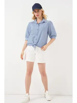 Önü Bağlamalı Çizgili Gömlek 20323 - Lacivert