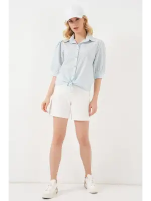 Önü Bağlamalı Çizgili Gömlek 20323 - Mavi