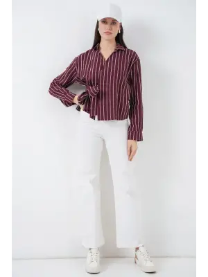 Önü Bağlamalı Çizgili Gömlek 20362 - Bordo