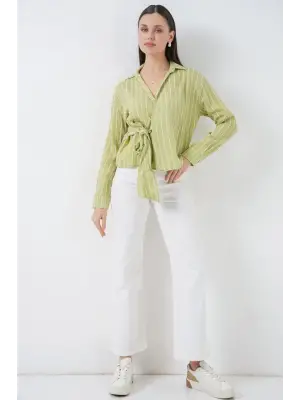 Önü Bağlamalı Çizgili Gömlek 20362 - E.Yeşil