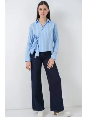 Önü Bağlamalı Çizgili Gömlek 20362 - Mavi