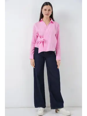 Önü Bağlamalı Çizgili Gömlek 20362 - Pembe