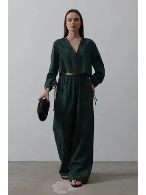 Önü Bağlamalı Crop Takım - Yeşil