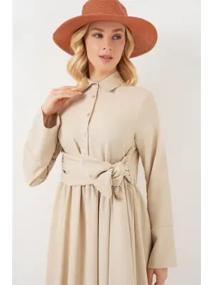 Önü Bağlamalı Keten Elbise 2574 - Bej