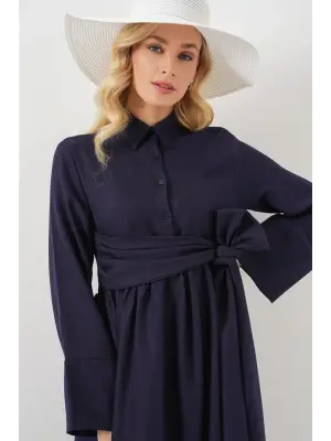 Önü Bağlamalı Keten Elbise 2574 - Lacivert