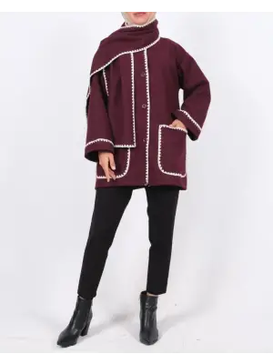 Önü Düğmeli Atkılı Cepli Ceket  -Bordo