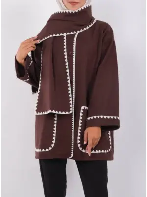 Kahve Önü Düğmeli Atkılı Cepli Ceket Kadın Giyim