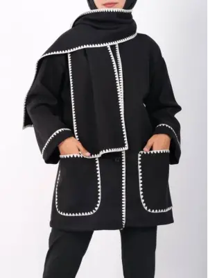 Önü Düğmeli Atkılı Cepli Ceket -Siyah