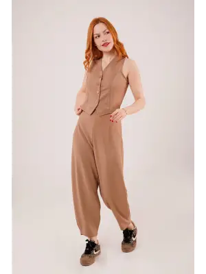 Önü Düğmeli Camel Yelek