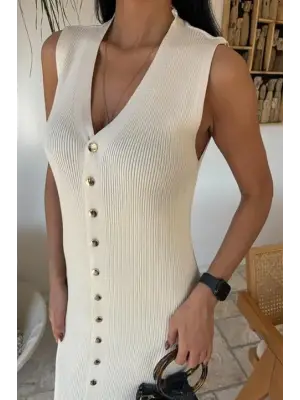 Omarı Fitilli Kolsuz Elbise - Önü Düğmeli Şıklık