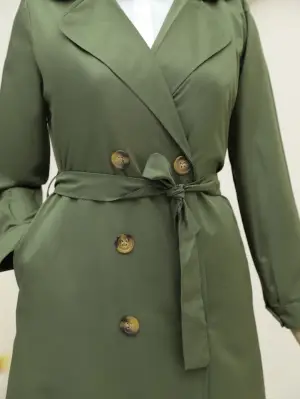 Önü Düğmeli Kuşaklı Cepli Trençkot -Haki