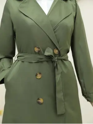 Önü Düğmeli Kuşaklı Cepli Trençkot -Haki