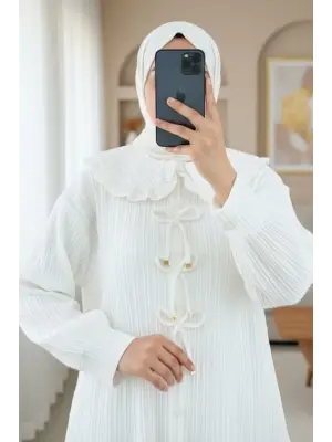 Önü Kurdele Detaylı Düğmeli Önlük Yaka Gömlek  -Beyaz