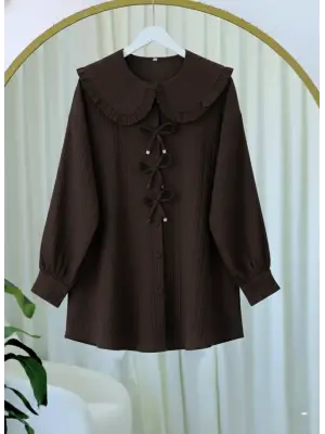 Önü Kurdele Detaylı Düğmeli Önlük Yaka Gömlek  -Kahve