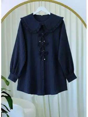 Önü Kurdele Detaylı Düğmeli Önlük Yaka Gömlek  -Laci