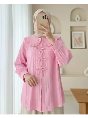 Önü Kurdele Detaylı Düğmeli Önlük Yaka Gömlek -Pembe