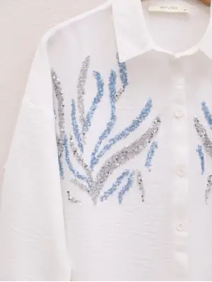 Önü Pul Payetli Uzun Gömlek -Beyaz