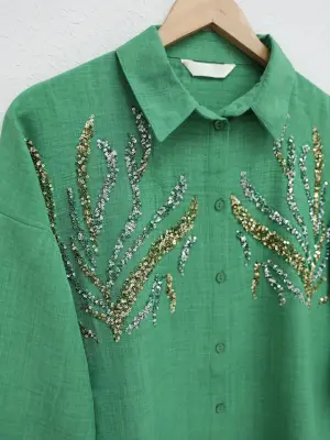 Önü Pul Payetli Uzun Gömlek  -Orman Yş.