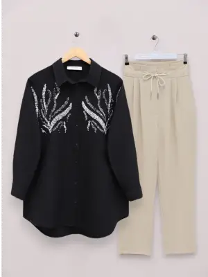 Önü Pul Payetli Uzun Gömlek -Siyah