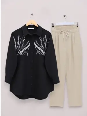 Önü Pul Payetli Uzun Gömlek -Siyah