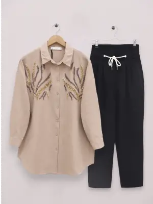 Omarı Göz Alıcı Pul Payet Detaylı Uzun Gömlek - Vizon