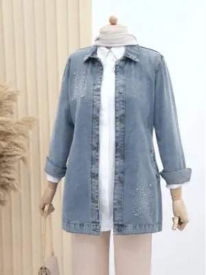 Önü Taş Detaylı Çift Cepli Kot Ceket   -Buz Mavi