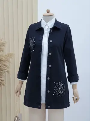 Önü Taş Detaylı Çift Cepli Kot Ceket -Siyah