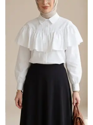 Önü Ve Omuzu Fırfır Detaylı Poplin Gömlek Bluz -Beyaz