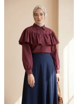 Önü Ve Omuzu Fırfır Detaylı Poplin Gömlek Bluz -Bordo