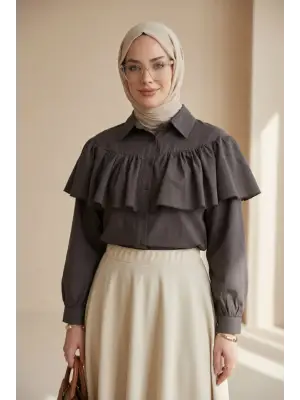 Önü Ve Omuzu Fırfır Detaylı Poplin Gömlek Bluz -K. Kahve