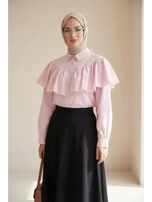 Önü Ve Omuzu Fırfır Detaylı Poplin Gömlek Bluz -Pembe